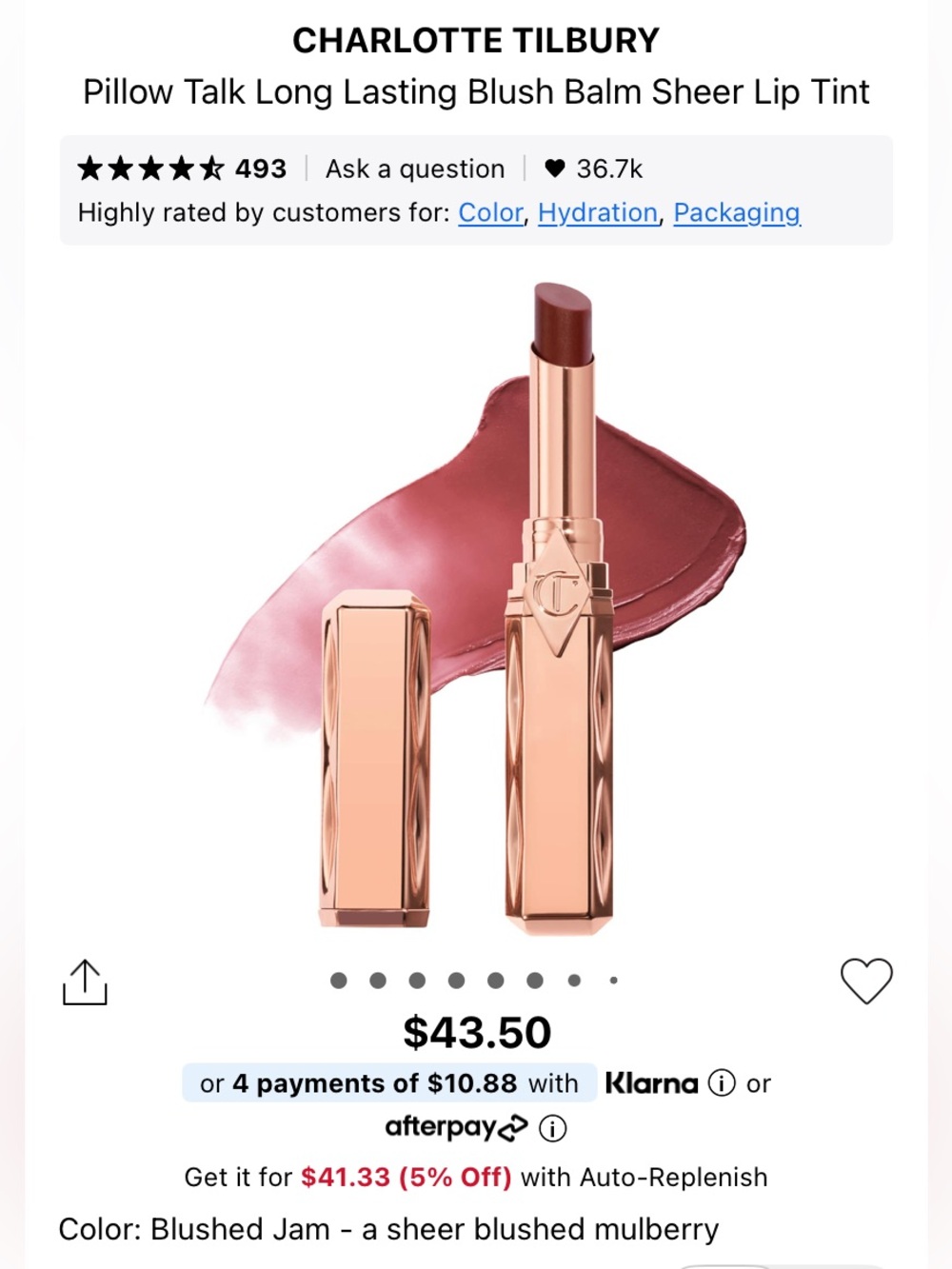 CHARLOTTE TILBURY Pillow Talk Blush Balm Sheer Lip Tint in Blushed Jam